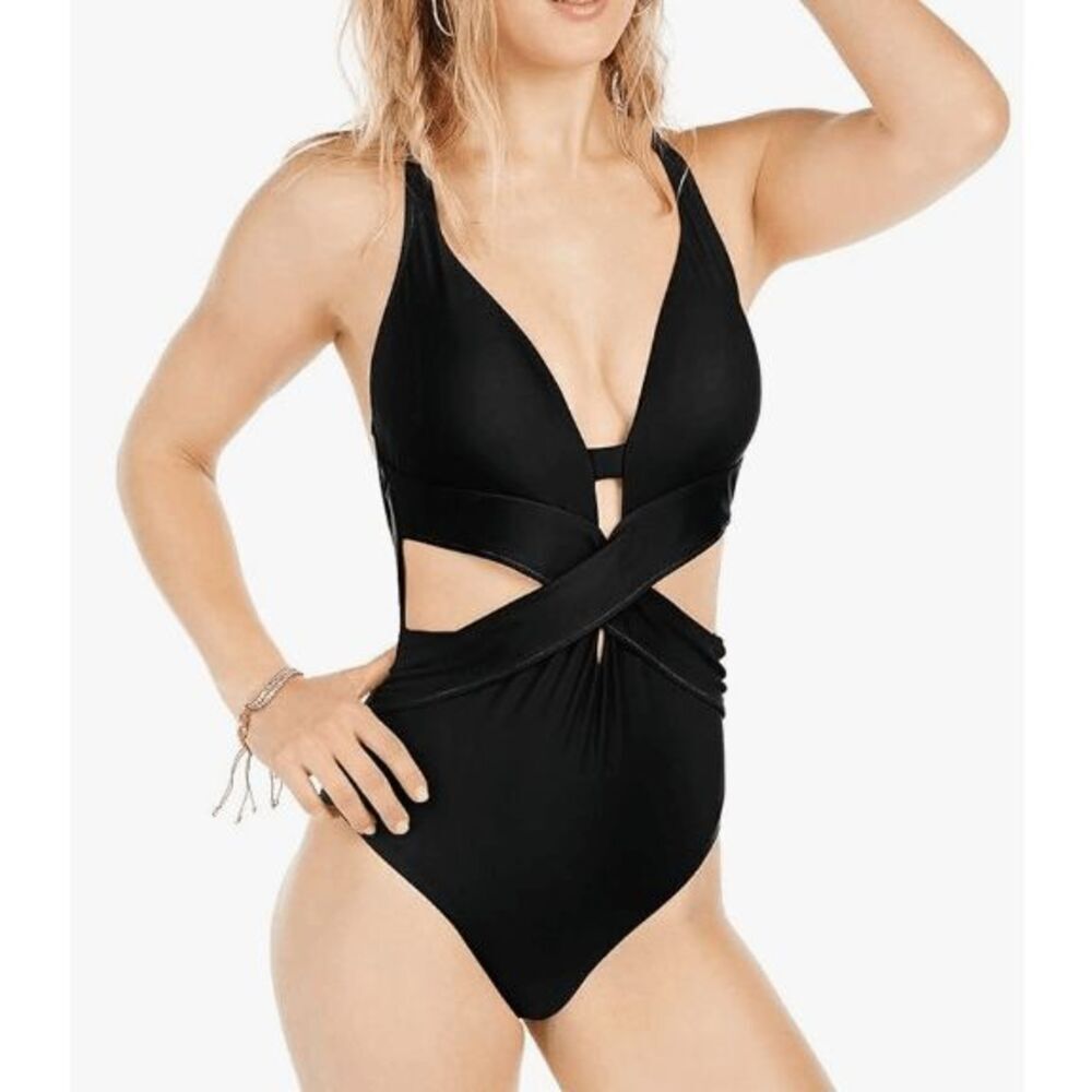 Bar III Women's Size XL Black Open Back Front Cutout One Piece Swimsuit